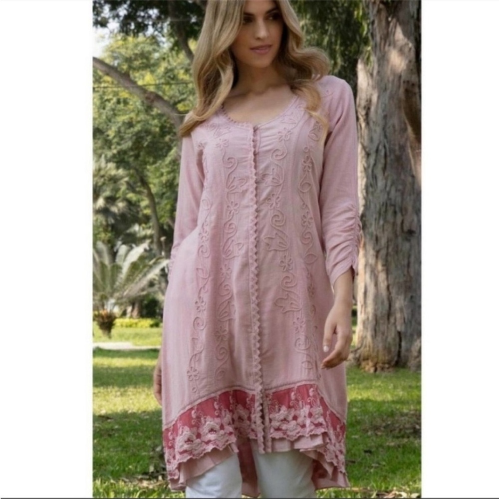 SOFT SURROUNDINGS Genevieve cotton crochet cottagecore Longsleeve Pink dress XS